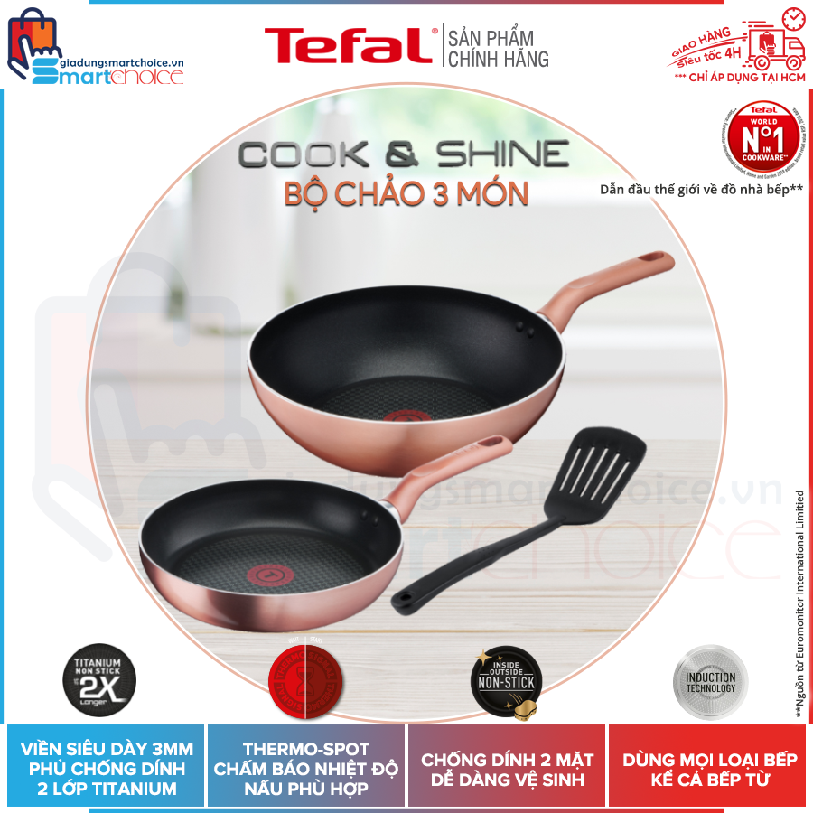 Bộ chảo tefal cook & shine 3 món g803s395 , thân dày 3mm, chống dính titan 2x, dùng mọi loại bếp, giao hỏa tốc