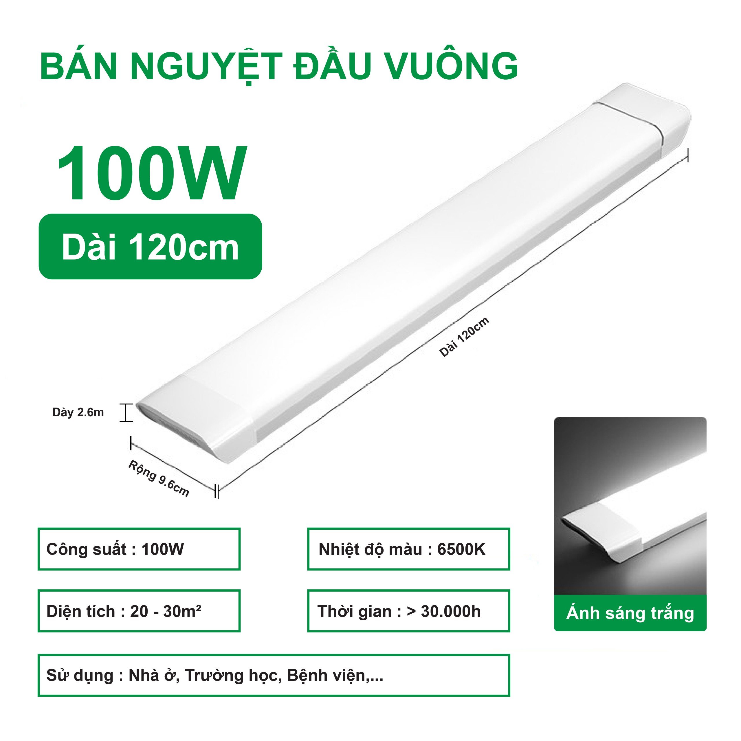 Đèn led bán nguyệt đầu vuông 54w -60w-65w-100w-1m2 , nhựa cao cấp , kèm phụ kiện lắp ráp , chip led 2835 , ánh sáng trắng, bảo hành 2 năm