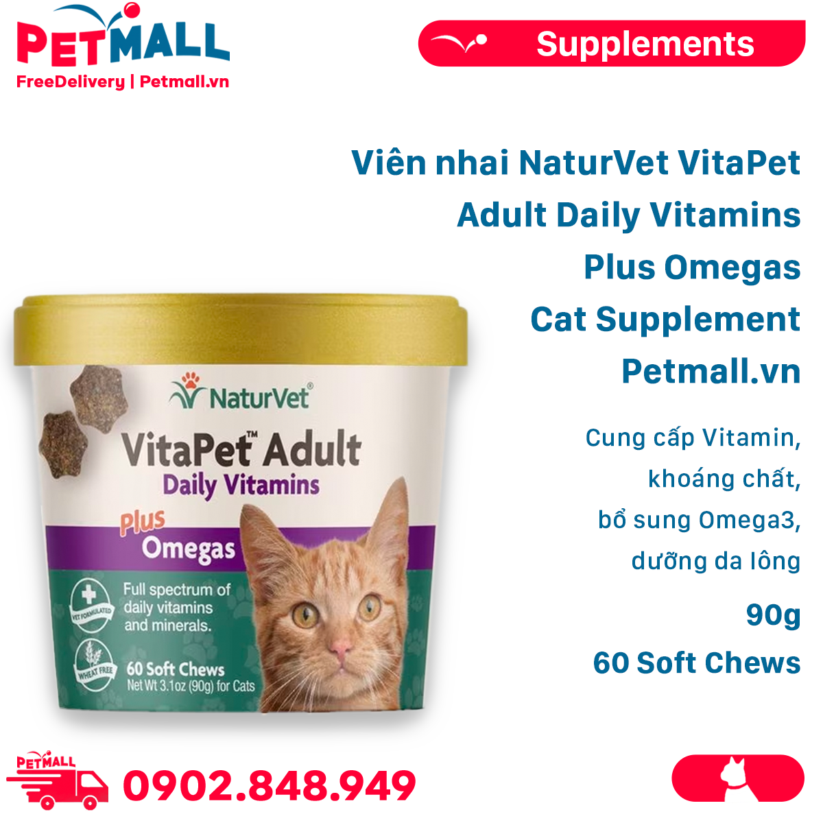 Viên nhai NaturVet VitaPet Adult Daily Vitamins Plus Omegas Cat Supplement