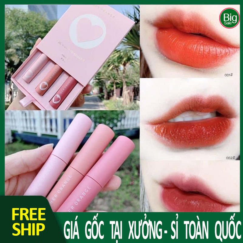 Set 3 cây son herorange trái tim, mẫu mới, hộp đựng sang trọng - son herorange kem siêu lì, set son 3 cây herorange trái tim 3c x-slim lip gloss kit, big sale mart a36