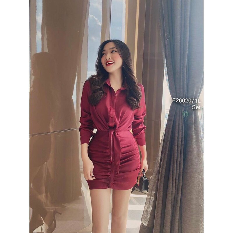 Set váy rời áo sơ mi cột nơ eo chân váy đính nút #setvaydinhnutaosomi