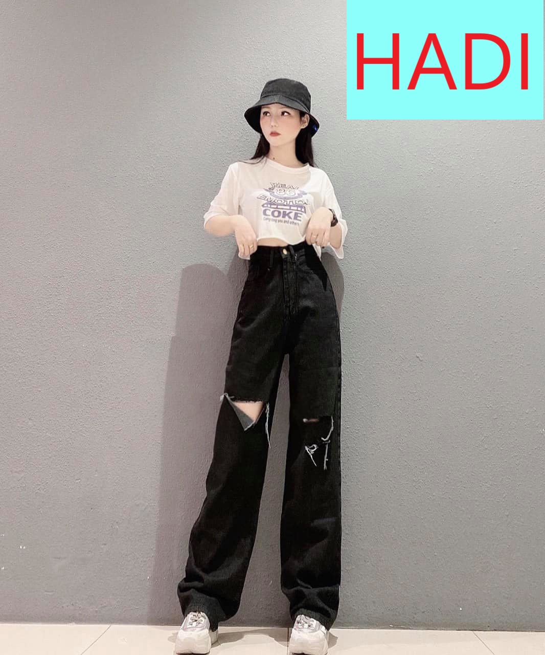 QUẦN JEAN ỐNG RỘNG NỮ LƯNG CAO RÁCH VẠT PHẢI 2 SỌC TRÁI MÀU ĐEN CAO CẤP HADI ĐỦ SIZE S, M, L SIÊU DỮ DẰNG