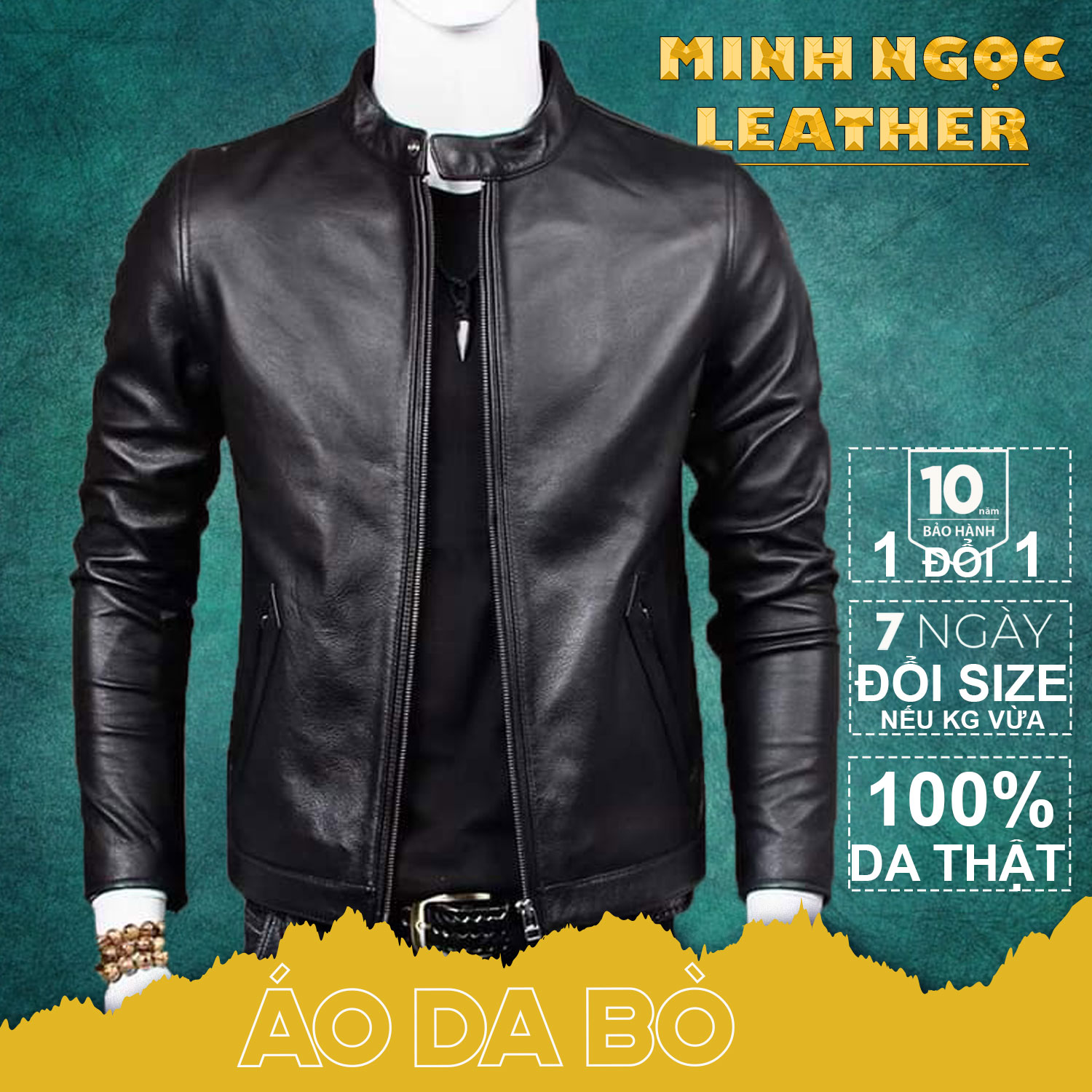 Áo khoác cổ trụ da bò thật dành cho nam giới- Bảo Hành 10 Năm Áo khoác da thật Minh Ngọc Leather Jacket Nhung Jacket Menswear