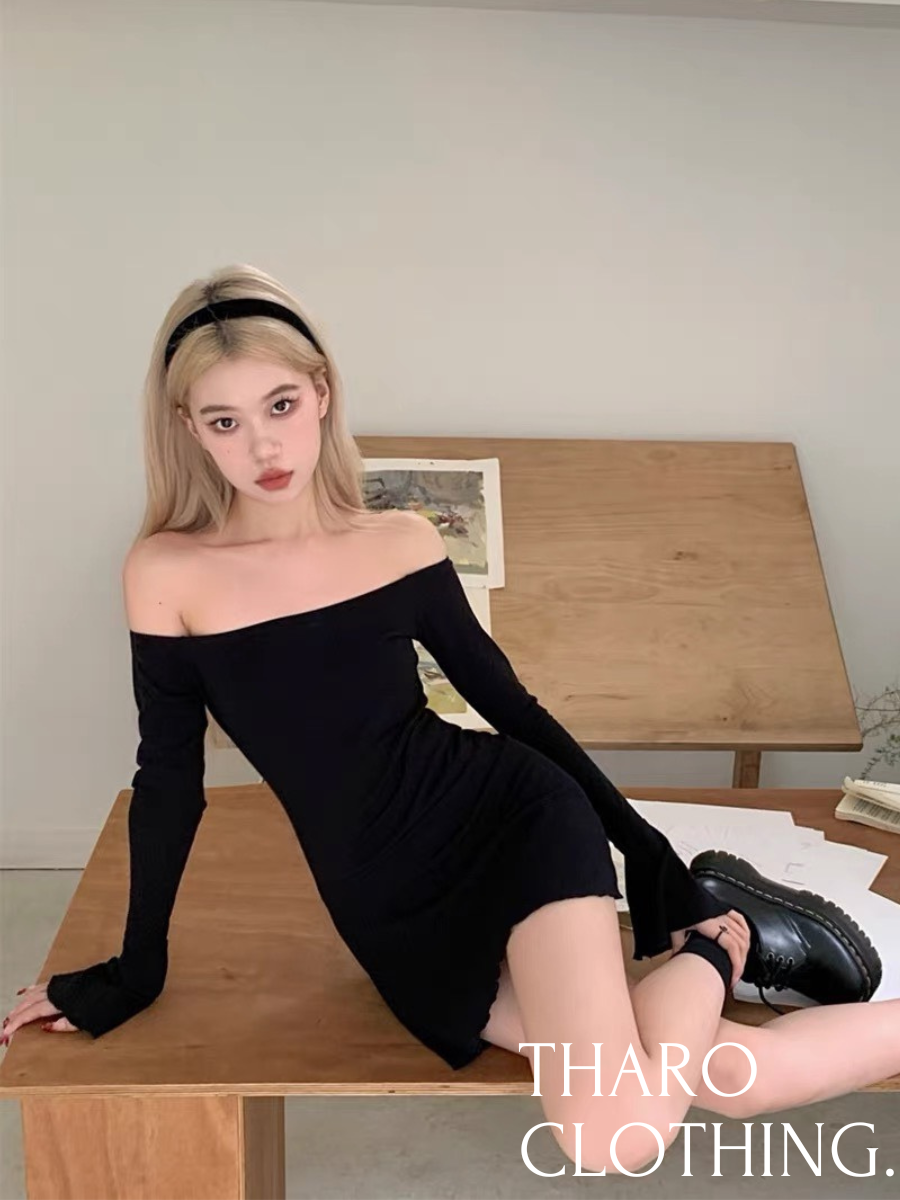 Đầm nữ trễ vai tay dài cuốn biên - tharo clothing