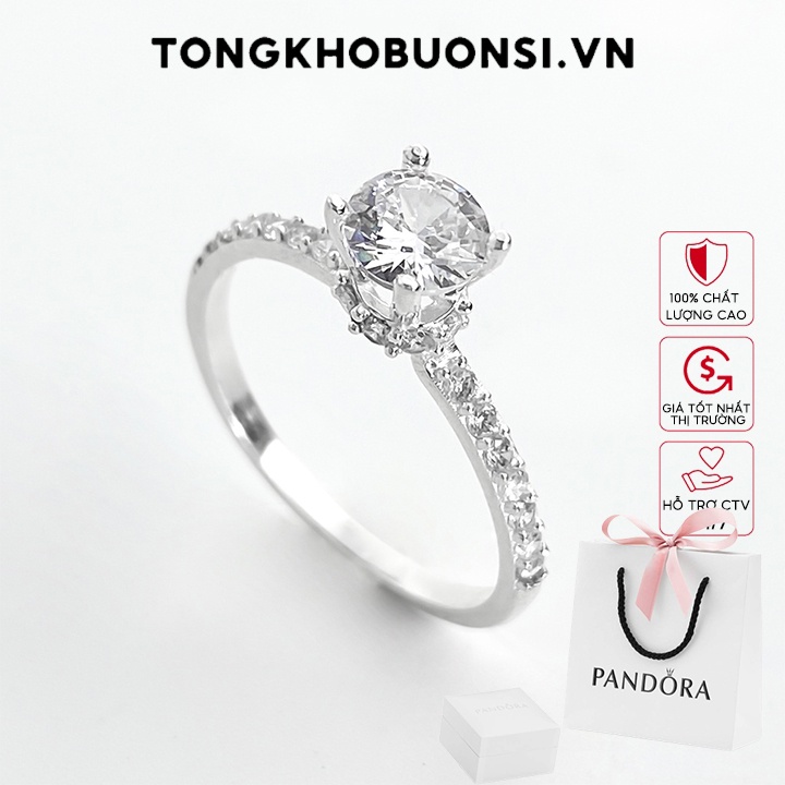 Nhẫn bạc nữ Pandora S925 Pink Sparkling Crown Solitaire Silver Ring Moments