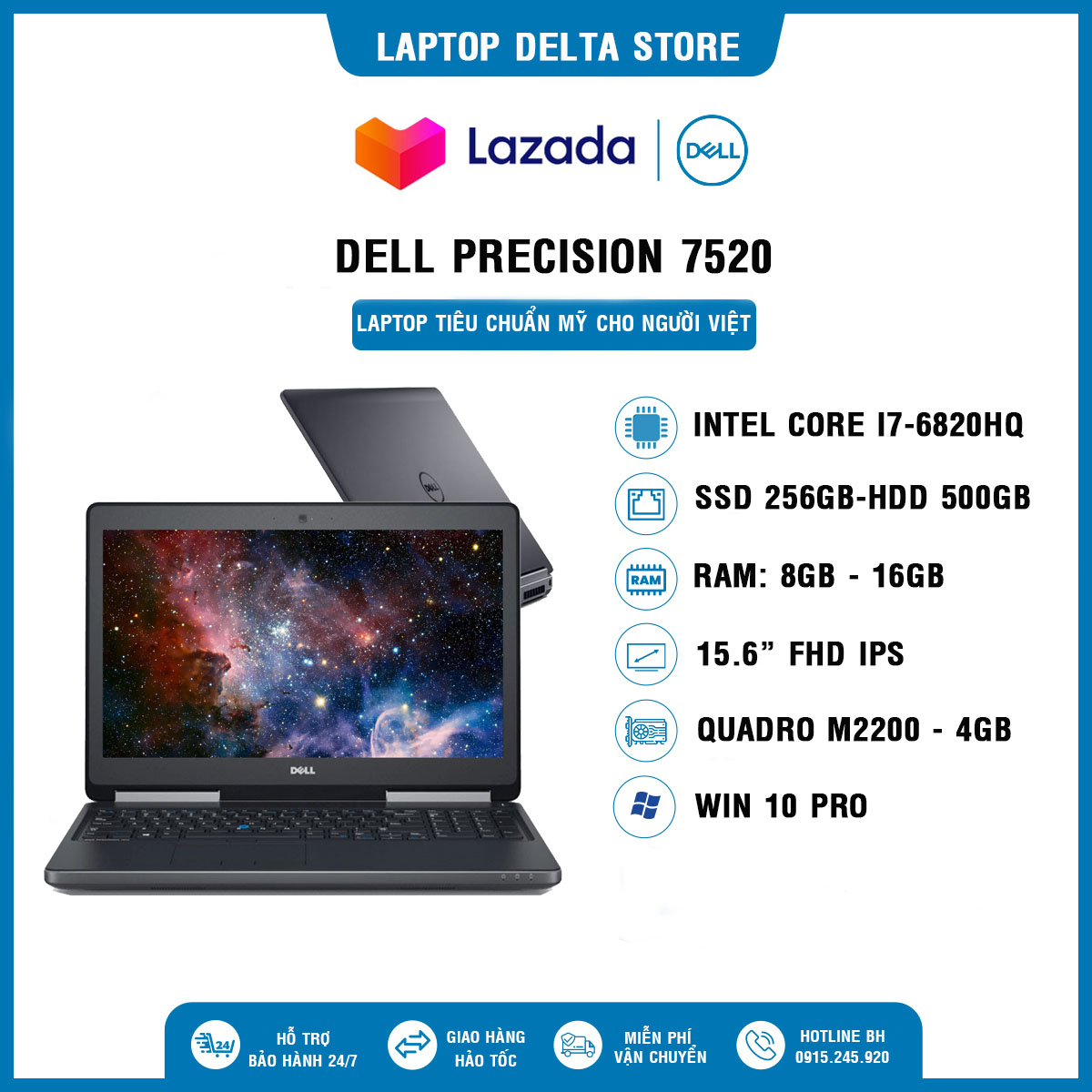 Dell Precision 7520 [HÀNG USA NHẬP NGUYÊN BẢN] Laptop Cũ Core i7- 6820HQ RAM 8GB SSD 256GB Quadro M2200M 15.6″ FHD IPS, Win 10 Pro Bản quyền vĩnh viễn, Cam kết sản phẩm đúng mô tả, Chất lượng đảm bảo, Bảo hành đầy đủ