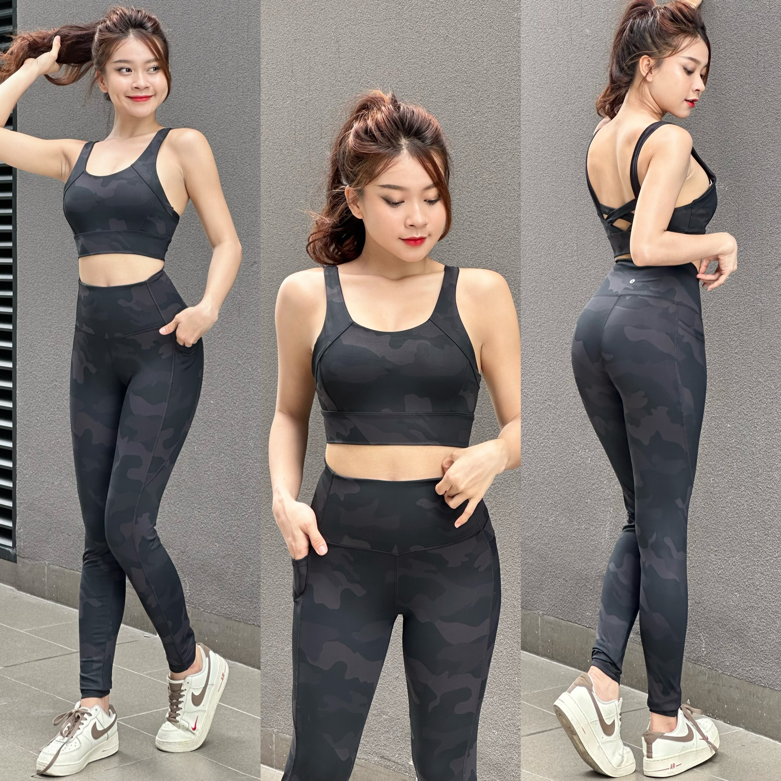Bộ Đồ Tập Gym Yoga Nữ Quần Dài Có Túi Áo Bra Kèm Mút BT90 Vải Thun Lạnh Co Giãn Tốt
