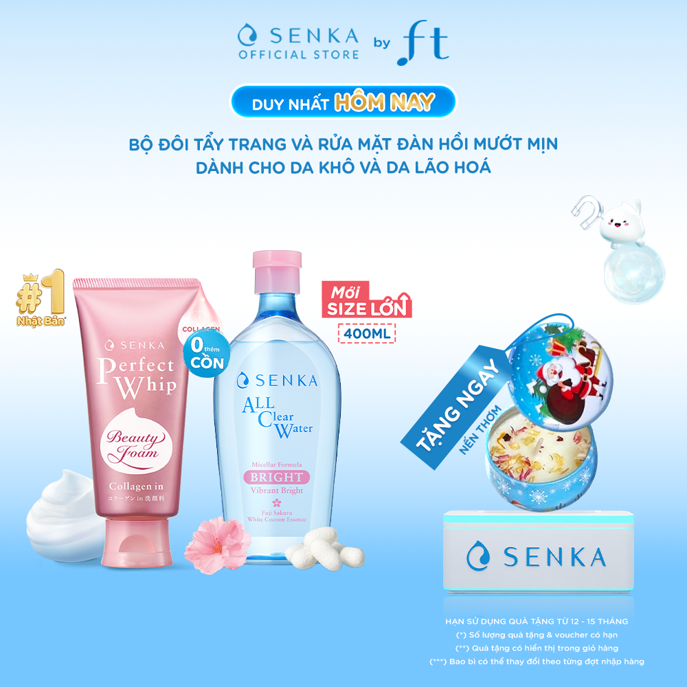Bộ đôi Nước tẩy trang micellar dưỡng sáng cấp ẩm SENKA A.L.L. CLEAR WATER MICELLAR FORMULA BRIGHT N 400ML  Sữa rửa mặt đàn hồi mướt mịn SENKA PERFECT WHIP COLLAGEN IN 120G