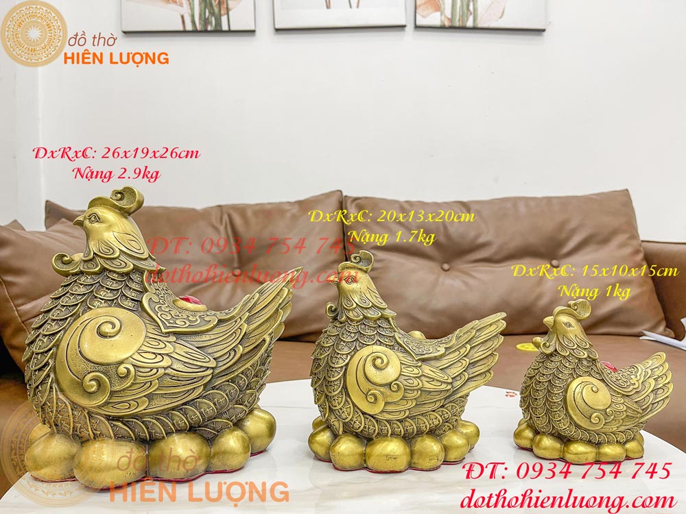 Gà mái ấp trứng vàng tài lộc bằng đồng phong thủy 3 cỡ