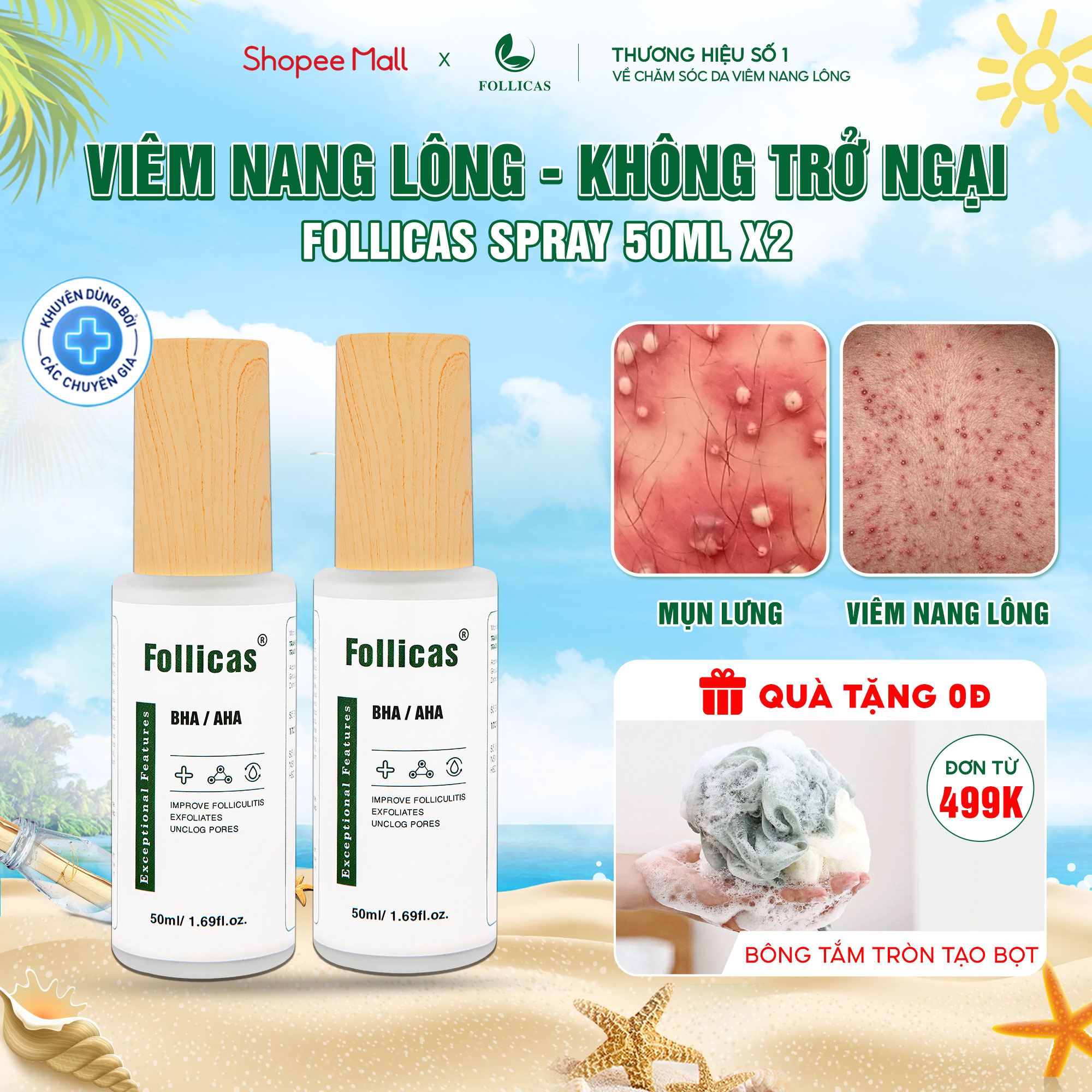 Combo 2 xịt viêm nang lông follicas giúp giảm mụn lưng viêm lỗ chân lông 50ml