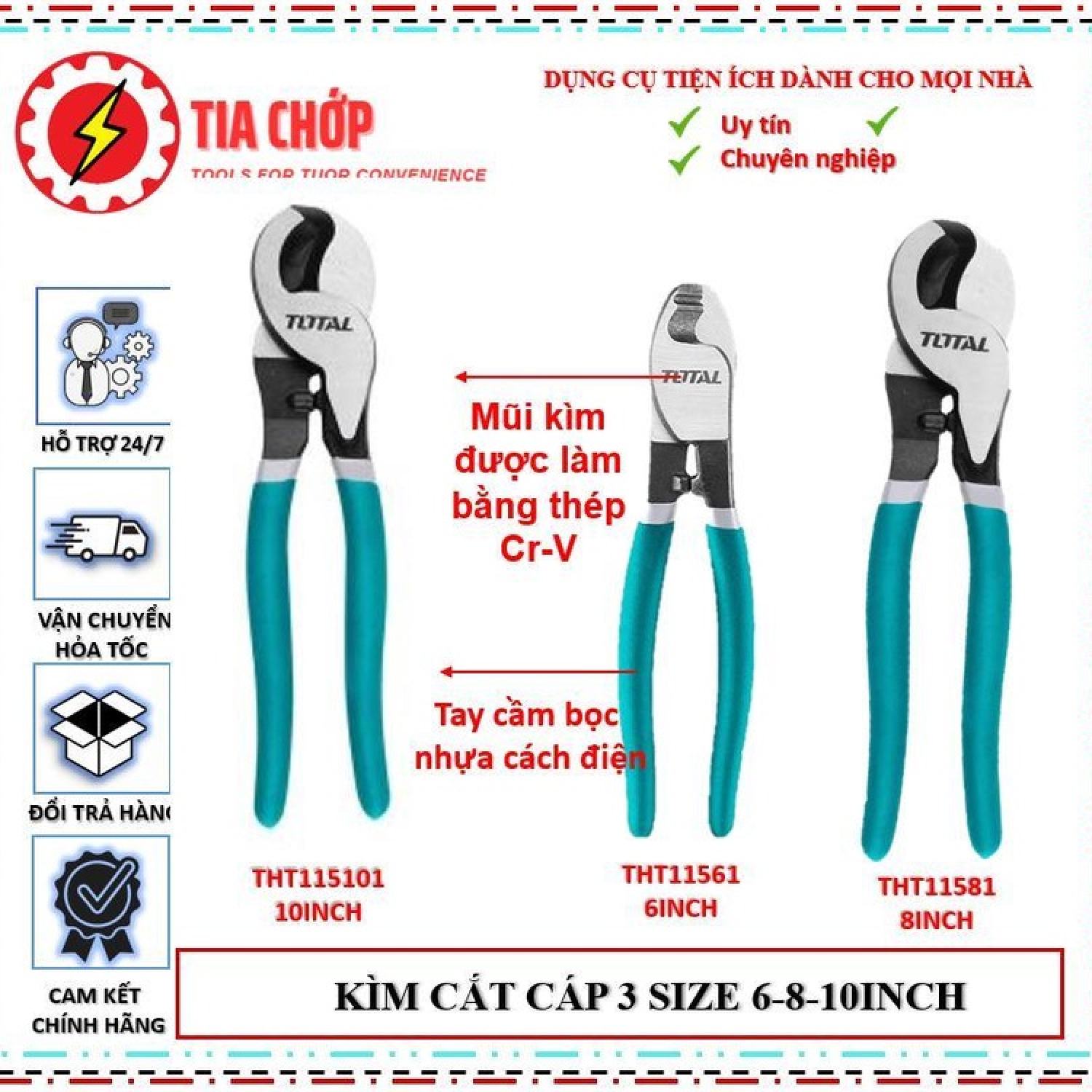 Kìm cắt chuyên dụng kềm cắt cáp điện total tht11561 tht11581 tht115101