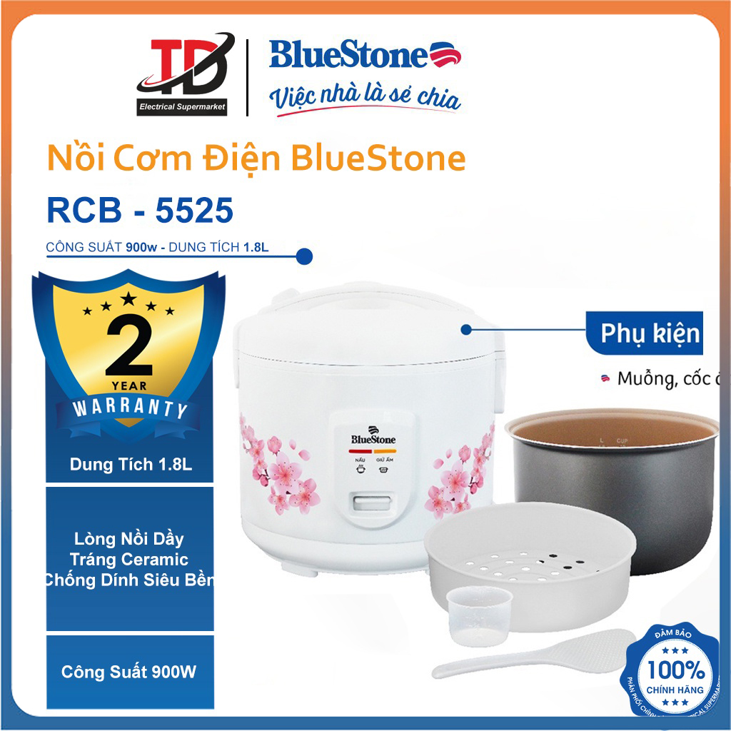 Nồi cơm điện bluestone rcb-5525, 900w-1.8lit , hàng chính hãng
