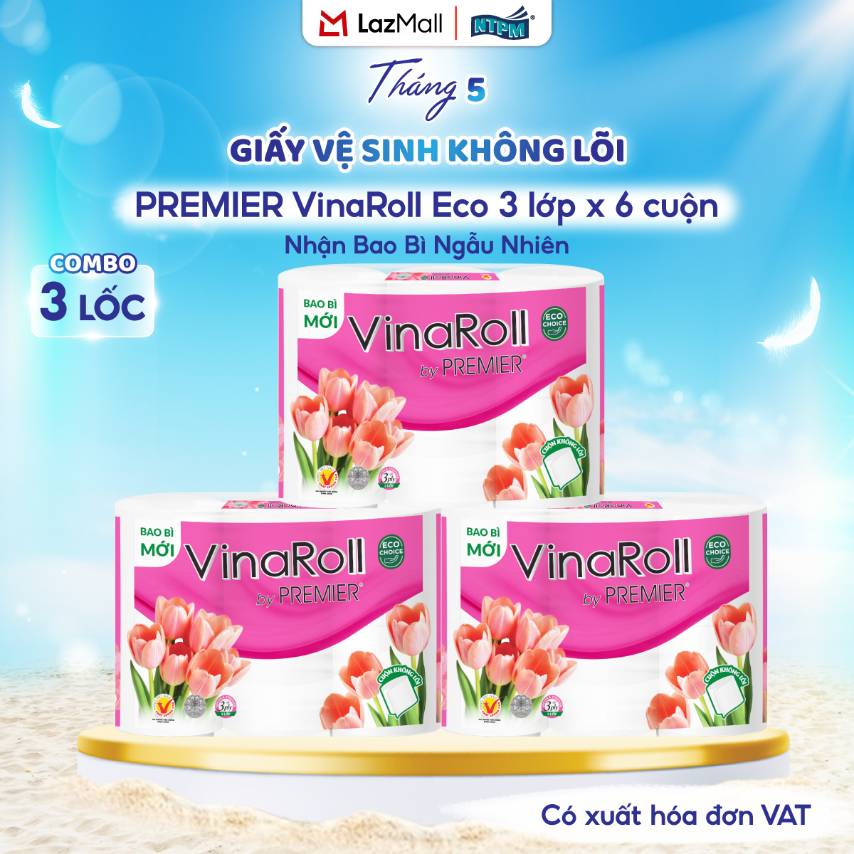[COMBO 3 LỐC] Giấy vệ sinh PREMIER VinaRoll Eco không lõi, 3 lớp - 1 nguyên chất + 2 tái chế, không chất tẩy, 6 cuộn/lốc - Chính hãng