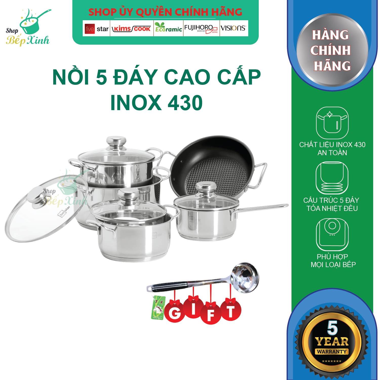 Bộ nồi chảo inox 5 đáy cao cấp fivestar fsb55d001 nắp kính inox 430 , dùng được mọi bếp , bảo hành 5 năm