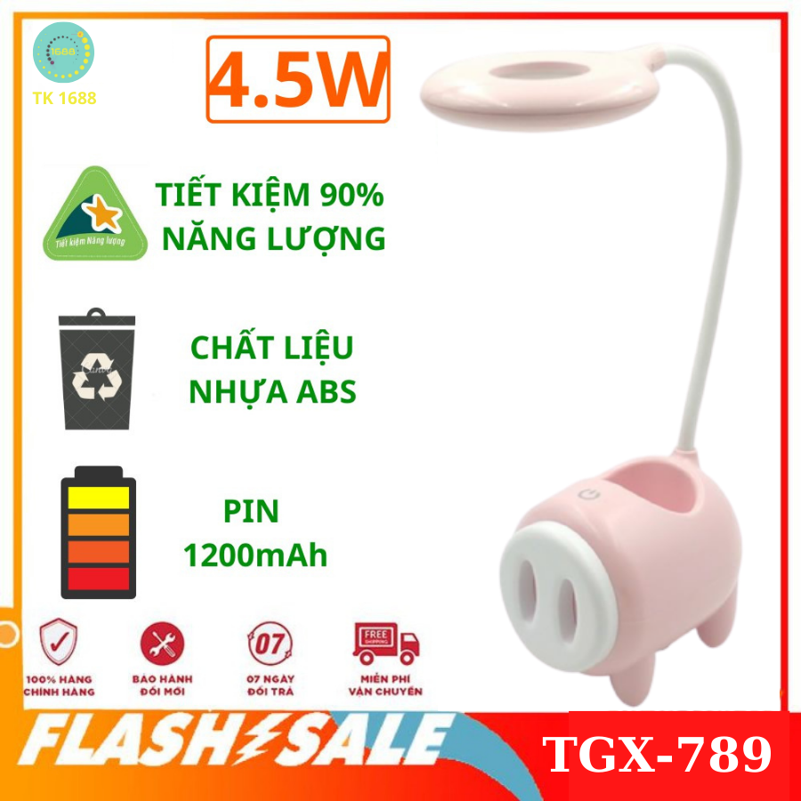 Đèn Học Để Bàn, Đèn Sạc Tích Điện Cảm Ứng Thông Minh Hình Chú Heo TGX-789 - Đèn Học Dễ Thương Kiêm Hộp Đựng Bút, Giá Đỡ Điện Thoại - Đèn Có Nút Cảm Ứng Ánh Sáng Trắng Dịu Với 3 Chế Độ Sáng Bảo Vệ Mắt Tốt Hơn