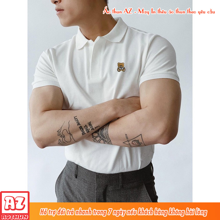 Áo thun polo cổ trụ nam nữ thêu hình chú gấu teddy boy - Vải thun cá sấu MT559