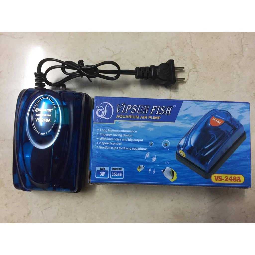 Máy sủi oxi hồ cá 2 vòi tặng kèm 2 met dây 2 cục sủi - máy sủi khí hồ cá 2 vòi tiết kiệm điện Vipsunfish-348A