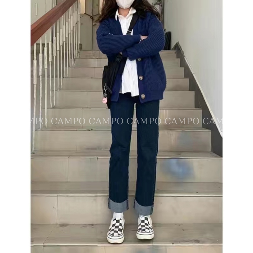 Quần jean nữ ống đứng vắn gấu campo co giãn cạp cao