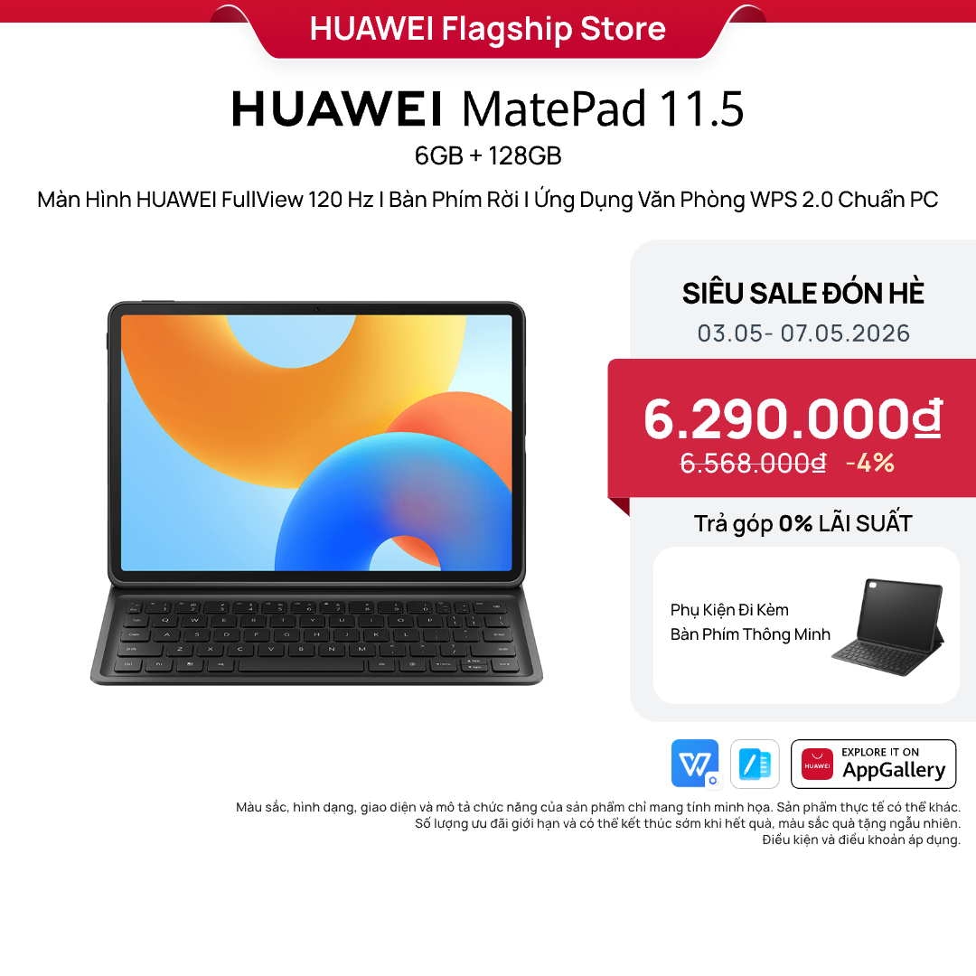Máy tính bảng HUAWEI MatePad 11.5 | 6GB+128GB | Màn Hình HUAWEI FullView 120 Hz | Bàn Phím Rời | Ứng Dụng Văn Phòng WPS 2.0 Chuẩn PC