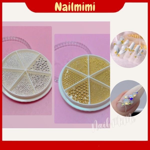 Set bi Mix Size trang trí móng kim loại khay tròn 6 ngăn - Bi Vàng, Bạc