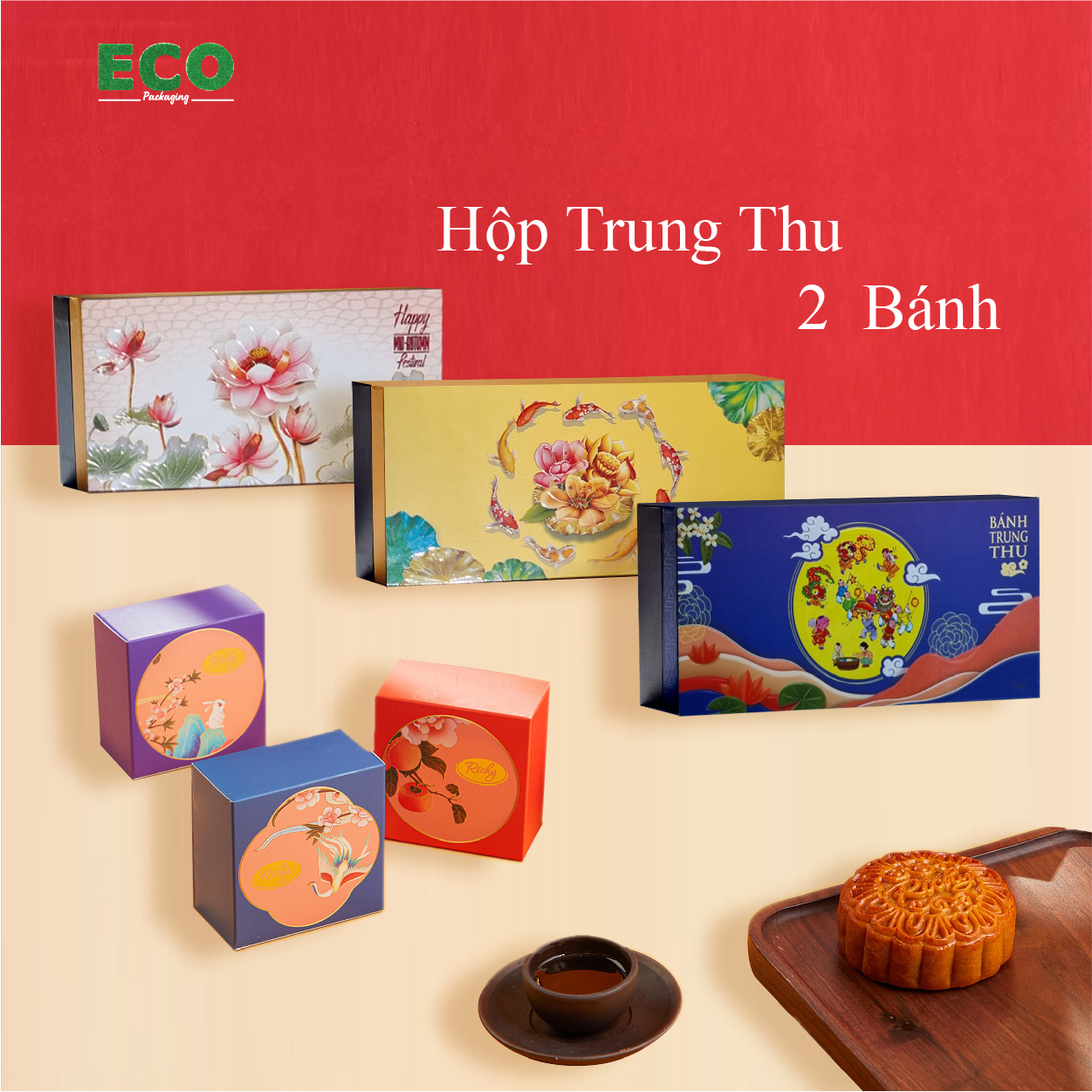 Hộp Trung Thu 2 bánh đẹp, hộp trung thu 2023, Hộp đựng bánh trung thu 2 giá rẻ, hộp cao cấp Eco Packaging quà tặng tem dán trên bánh