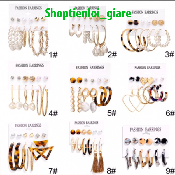 Set gồm 6 đôi bông tai, khuyên tai siêu xinh, thời trang