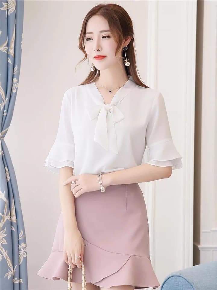 Áo sơ mi nữ kiểu cổ tay loe 2 lớp, cổ áo thắt nơ siêu xinh
