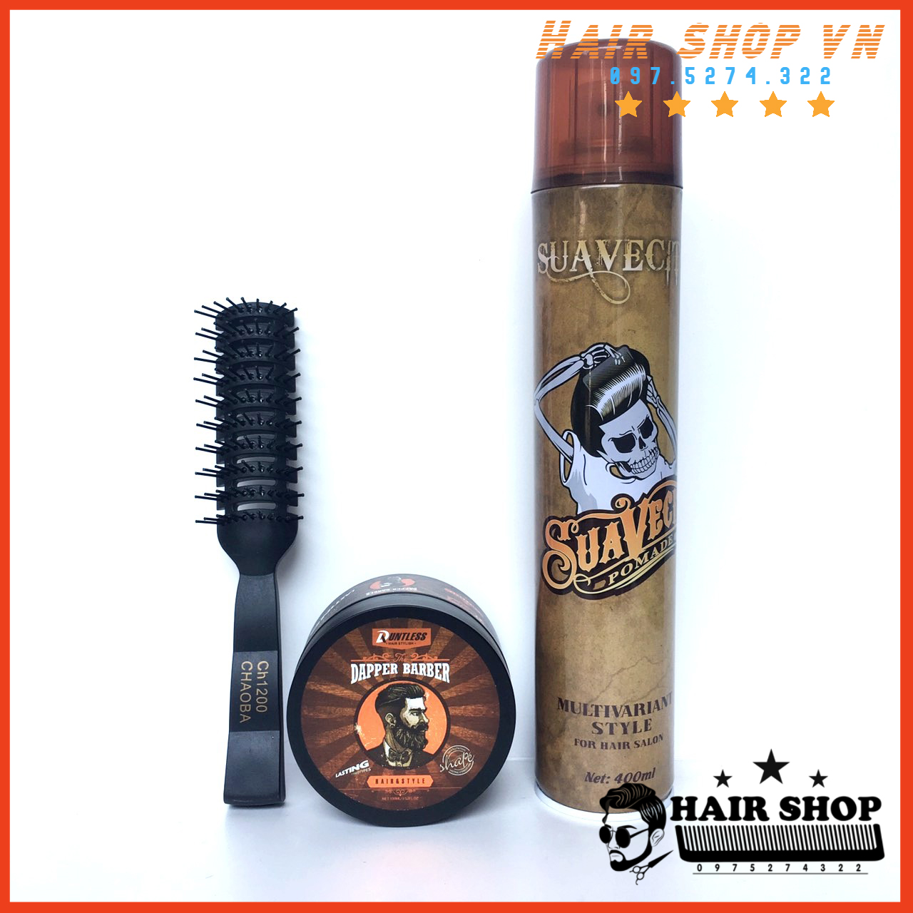 [ HỐT ] COMBO  Gôm Suavecito 400ml + Sáp Tạo Kiểu Tóc Nam Dapper Barber ÚSA + Lược Tao Phồng