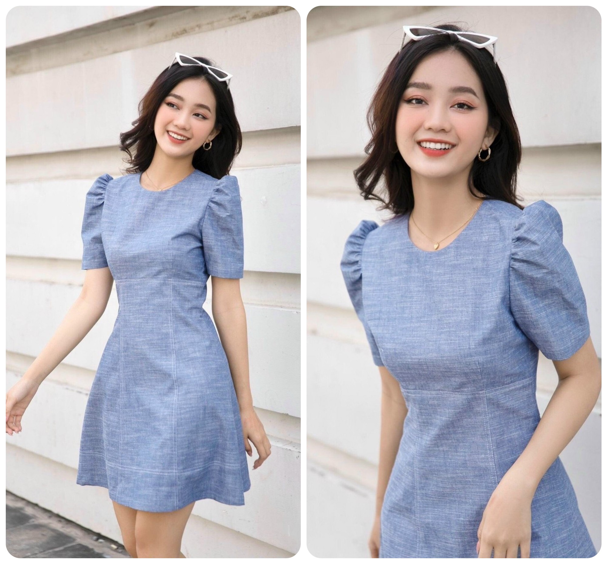 Đầm xòe xanh vai nhún