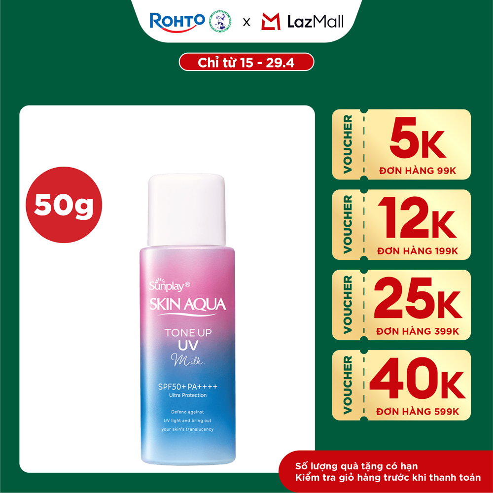 Kem chống nắng nâng tông Skin Aqua Tone up Lavender cho da tối màu  da vàng, dạng  sữa Sunplay Skin Aqua Tone Up UV Milk Lavender SPF 50+ PA++++ 50g