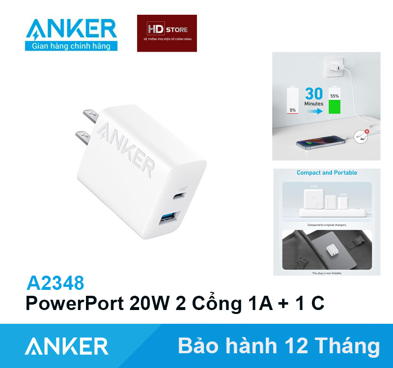 Củ sạc nhanh anker 20w 2 cổng - a2348 màu trắng đen hdstore sạc nhanh iphone ipad samsung