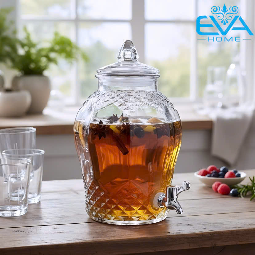 Bình Thủy Tinh Có Vòi 6 Lít Cao Cấp KC6L - Bình Ngâm Rượu Thủy Tinh Kim Cương Đựng Nước Hoa Quả Đẹp Sang Trọng