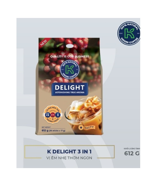 Thùng 12 túi cafe hòa tan k coffee delight 3in1 - 1 túi 36 gói x17g