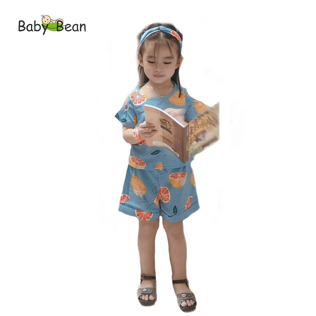 Đồ bộ lụa vai nhún bèo hình trái cây bé gái babybean kèm băng-đô