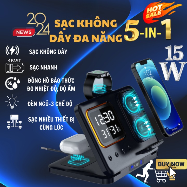 Sạc Không Dây Đa Chức Năng 5 in 1, Đế Sạc Đa Năng 15W, Sạc Nhanh, Đồng Hồ Báo Thức, Đo Độ Ẩm Nhiệt Độ, Tiện Lợi, Hỗ Trợ Sạc Nhanh Lên Tới 20W, An Toàn Không Gây Cháy Nổ.