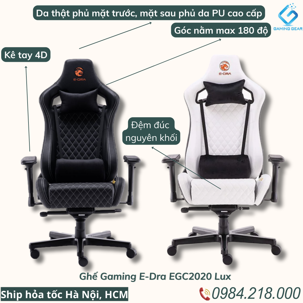 Ghế Gaming da thật E-Dra Ultimate EGC2020 LUX - Hàng siêu cấp cho game thủ - Da thật - đệm đục nguyên khối mật độ cao