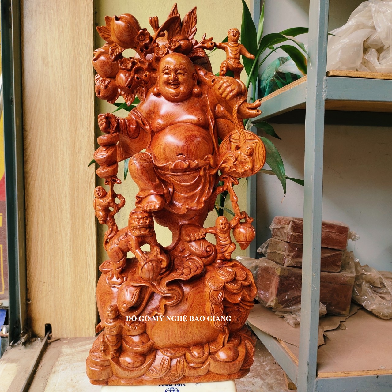 [Trả góp 0%] Tượng phật di lặc ngũ phúc gỗ hương cao 60 ngang 30 sâu 15 cm