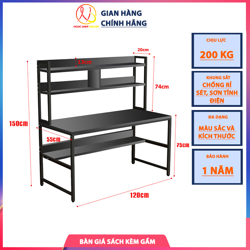 Bàn làm việc đa năng kèm kệ sách, bàn học sinh chất liệu bằng gỗ MDF đẹp chất lượng cao, khung sắt sơn tĩnh điện bảo hành chính hãng NGOCDIEP DECOR
