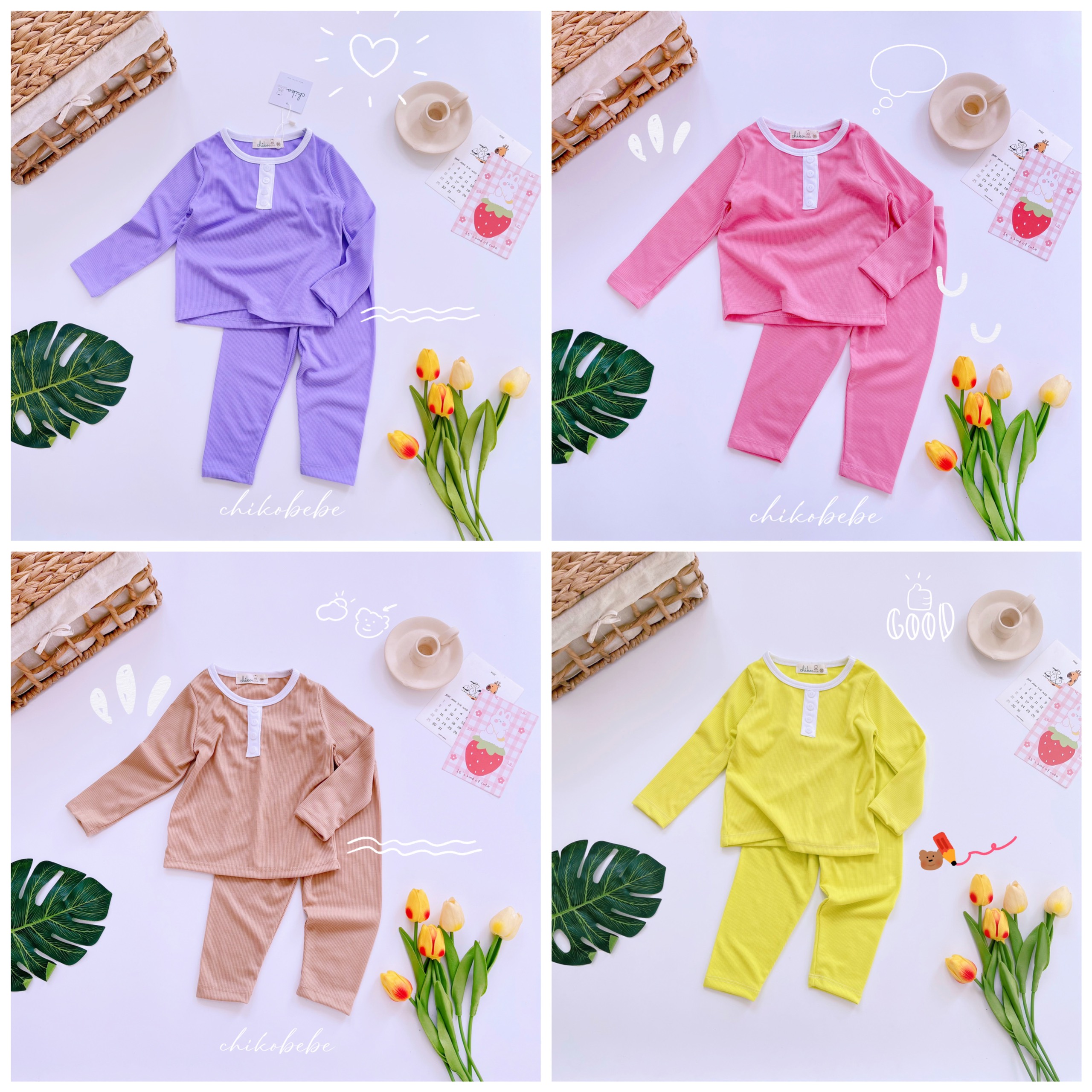 Đồ bộ dài tay mặc nhà mặc ngủ cho bé gái bé trai chất len tăm mềm mịn 8-18kg