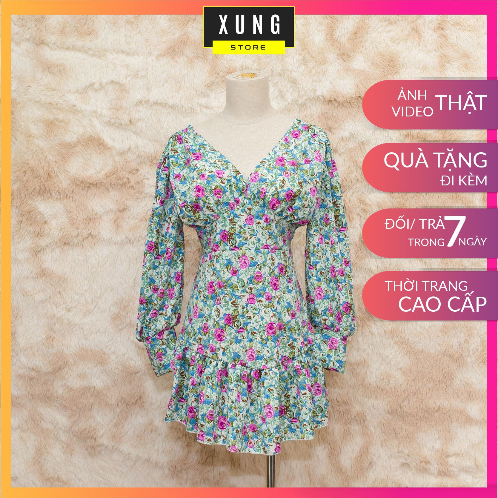 Váy đầm hoa body cổ tim bèo tay dài Freesize 40-57kg Đầm có mút ngực – XungStore