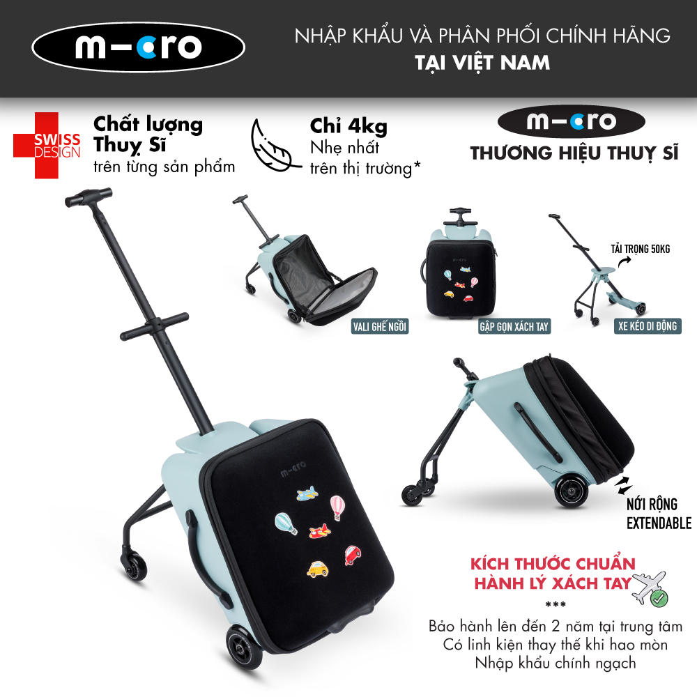 Vali xe đẩy trẻ em Micro Eazy Luggage Frosty Blue - Tiêu chuẩn hành lý xách tay - Phân phối chính hãng bởi Ann House