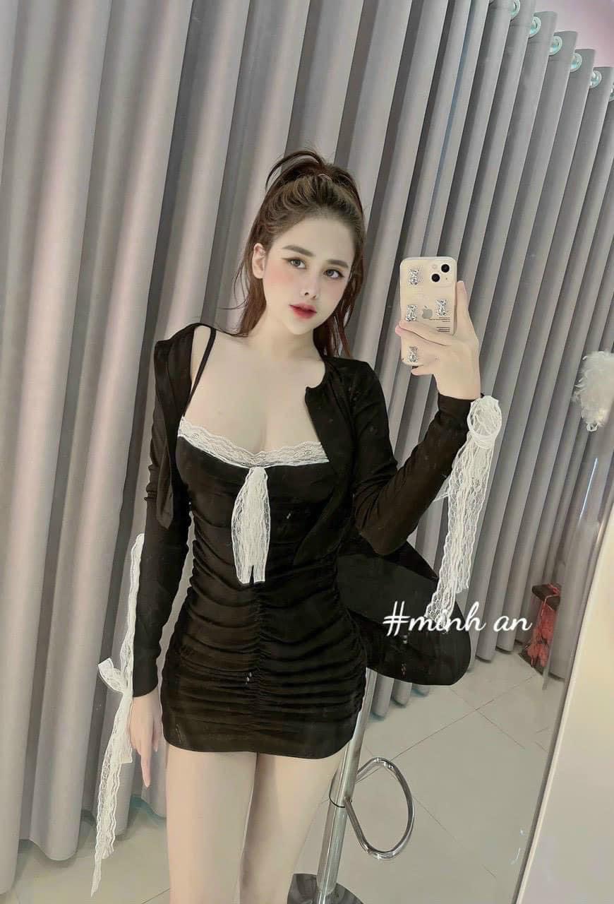 Sét đầm 2 dây nhúm nhúm viền ren ôm body kèm áo khoác tay ren cực xinh , chất thun gân mềm mịn