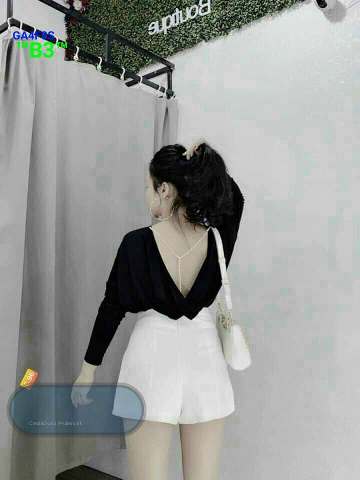 Áo thun nữ vải thun giấy cách điệu đính dây hạt ngọc hở lưng sexy ( dây chữ T)