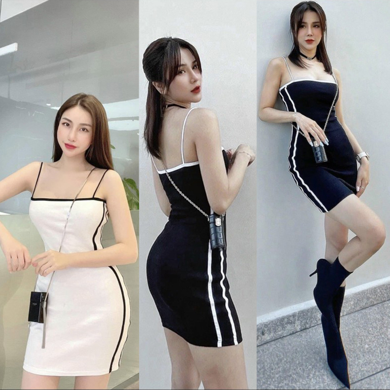 Đầm váy 2 dây quai ngang viền thể thao thời trang XIXO thun borip cao cấp sang mịn đẹp