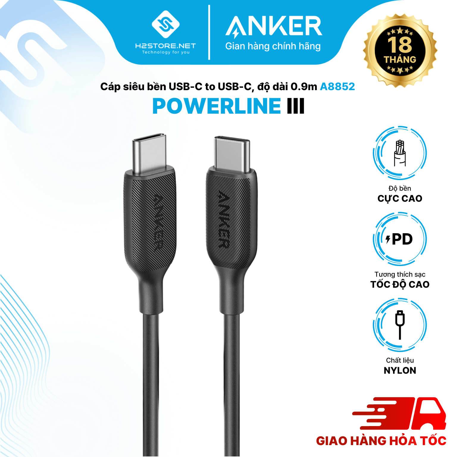 Cáp ANKER PowerLine III USB-C to USB-C dài 0.9m - A8852