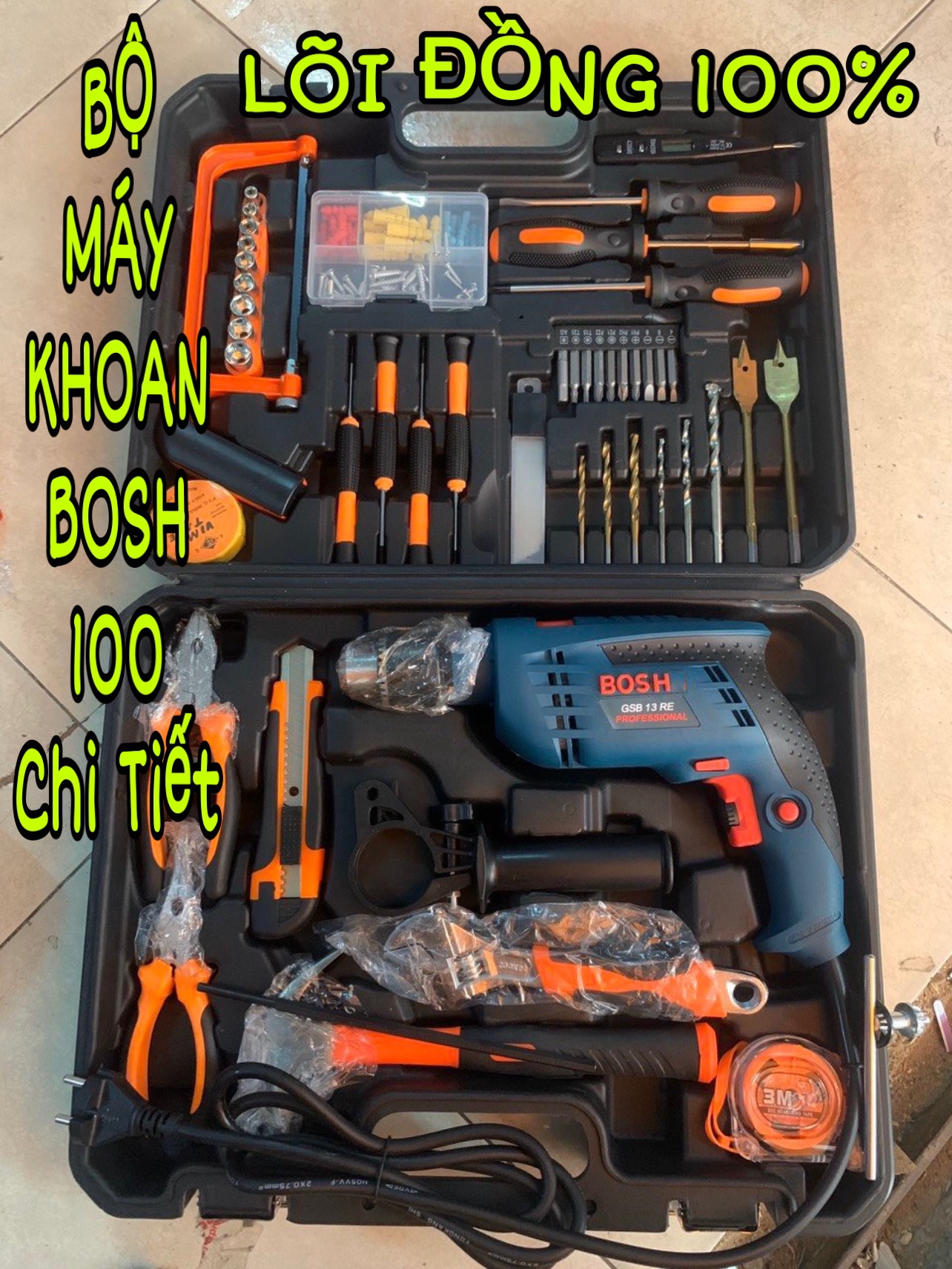 [HCM]Bộ máy khoan BOSH công xuất 1350w 13re động lực cầm tay SET 100 chi tiết phụ kiện đầy đủ dùng để khoan bê tôngkhoan tườngkhoan sắtkhoan gỗ nhựa vv.....