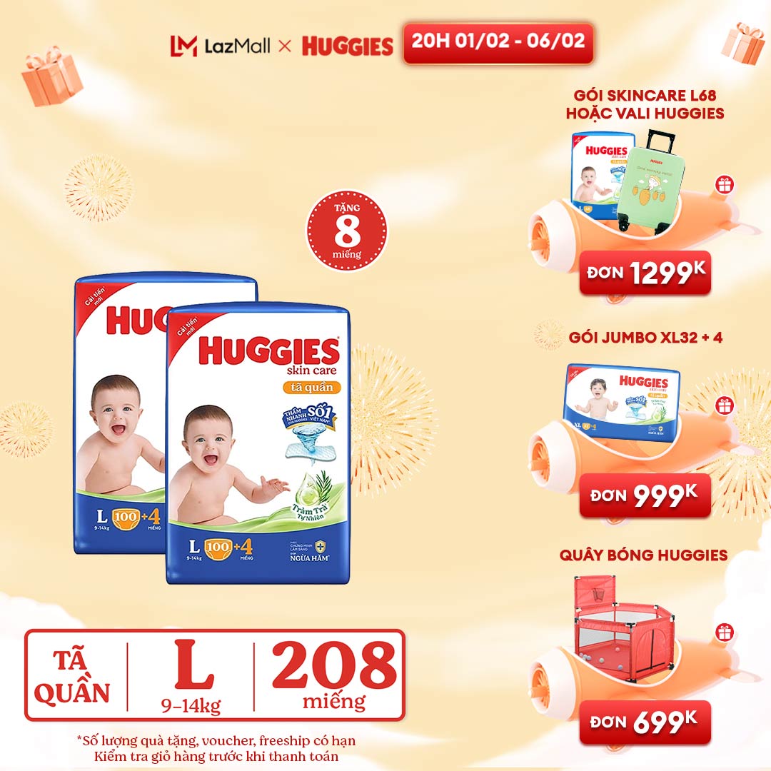 [CHỈ 20H 01-06.02 GIẢM THÊM 90K] Combo 2 Gói Tã/bỉm quần HUGGIES SKINCARE MEGA JUMBO size L96+8 miếng/ L100+4 miếng