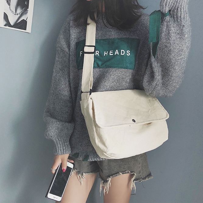 Túi tote đeo chéo unisex nam nữ - vải dệt canvas màu be - đen - phong cách ulzzang