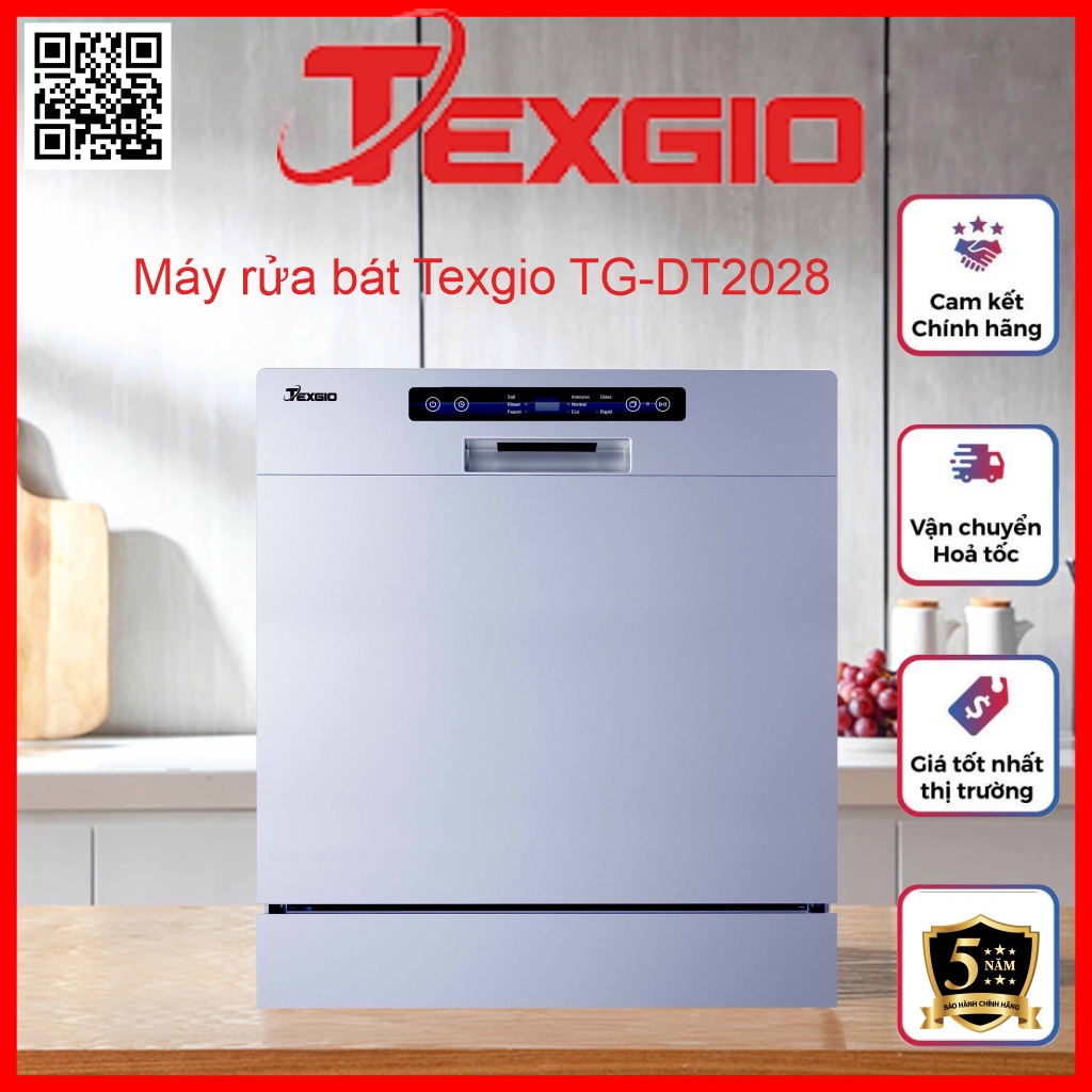 Máy Rửa Bát Texgio Tg-Dt2028 Rửa Sạch Sấy Khô Phù Hợp Với Bếp Có Không
