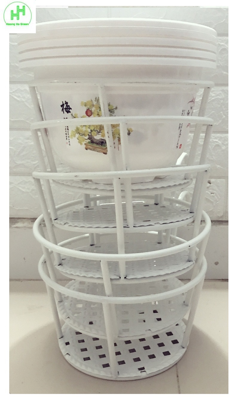 Combo 5 giỏ sắt treo chậu hoa ban công hình tròn - màu trắng + 5 chậu nhựa trồng hoa cây cảnh bốn mùa 250x170